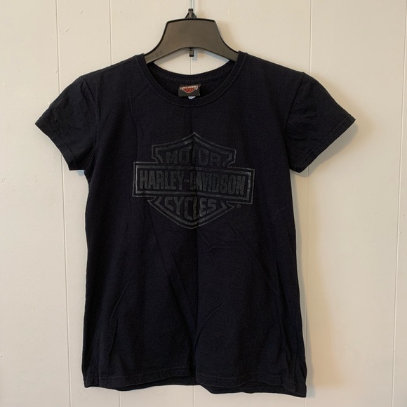 Harley Davidson Felt Logo Black Tee Bossier City, California size M - Picture 2 of 5